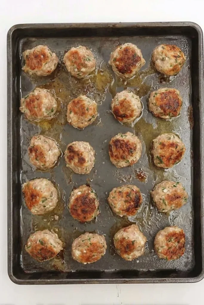 Baked homemade Italian meatballs on a greasy metal tray just out of the oven
