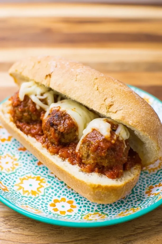 Meatball sub sandwich with melted mozzarella and marinara sauce on a toasted hoagie roll