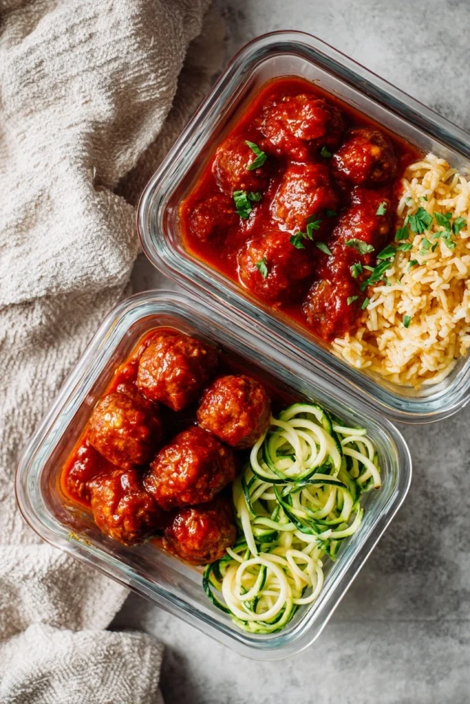 Meal prep containers with crockpot meatballs in marinara sauce served with rice and zucchini noodles