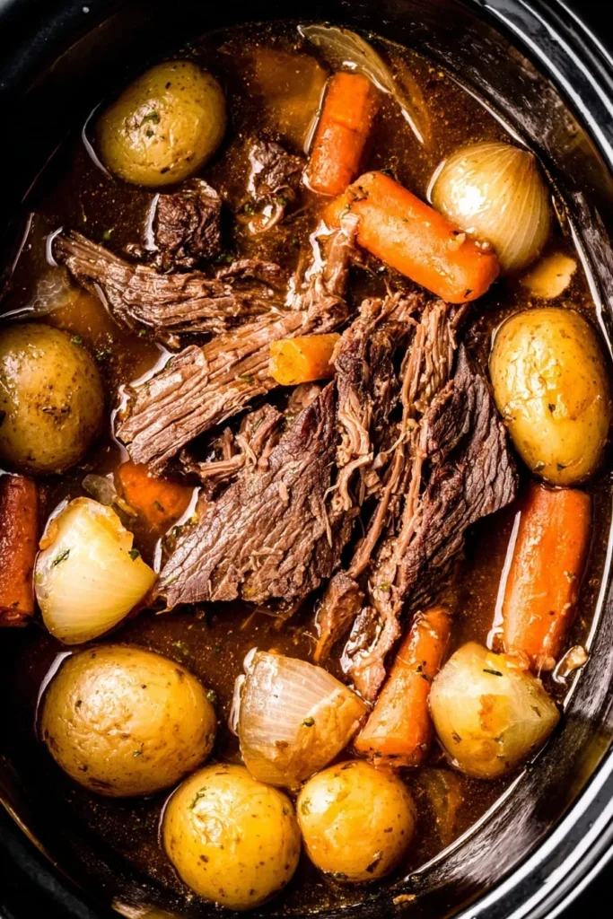 Crockpot rump roast cooked with carrots, baby potatoes, and onions in a rich savory broth inside a slow cooker