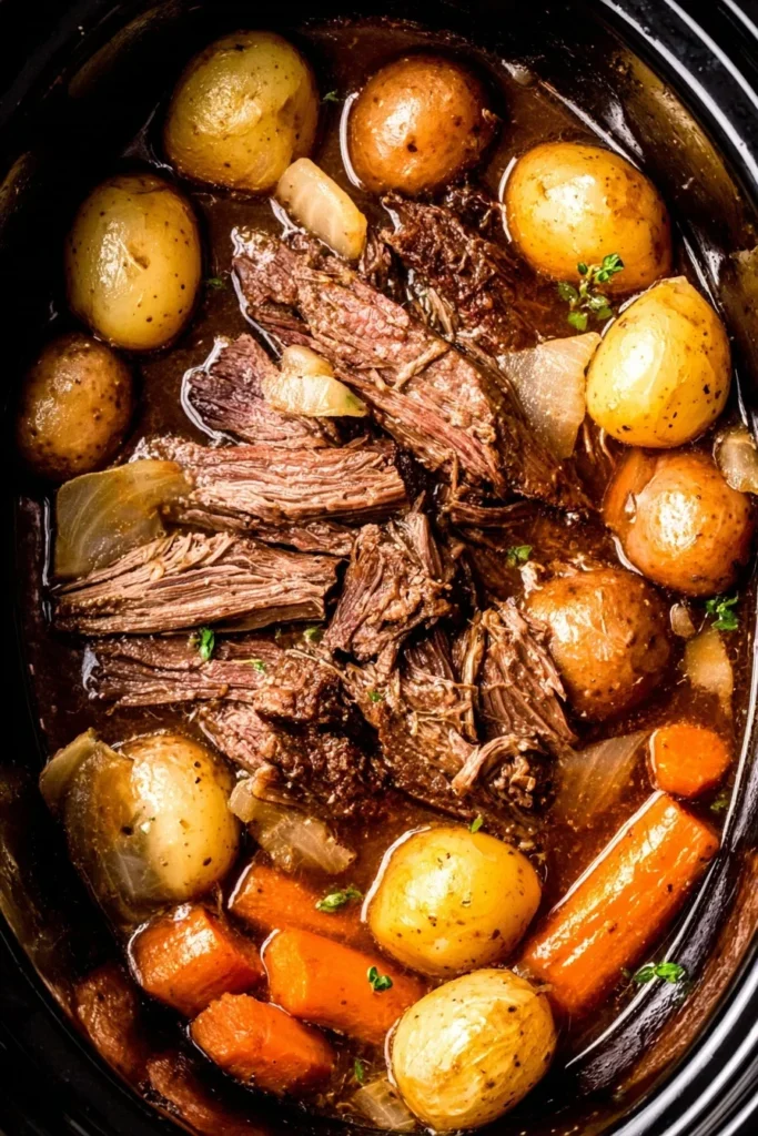 Crockpot rump roast with potatoes, carrots, and tender beef in rich gravy