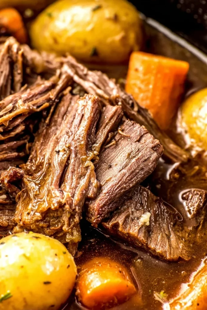 Close-up of juicy shredded crockpot rump roast with baby potatoes and carrots in thick brown gravy