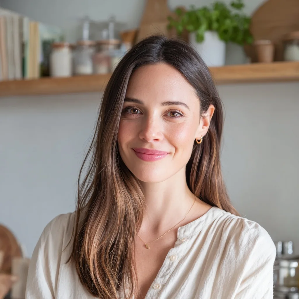 Linda smiling in a cozy kitchen, wearing a cream blouse