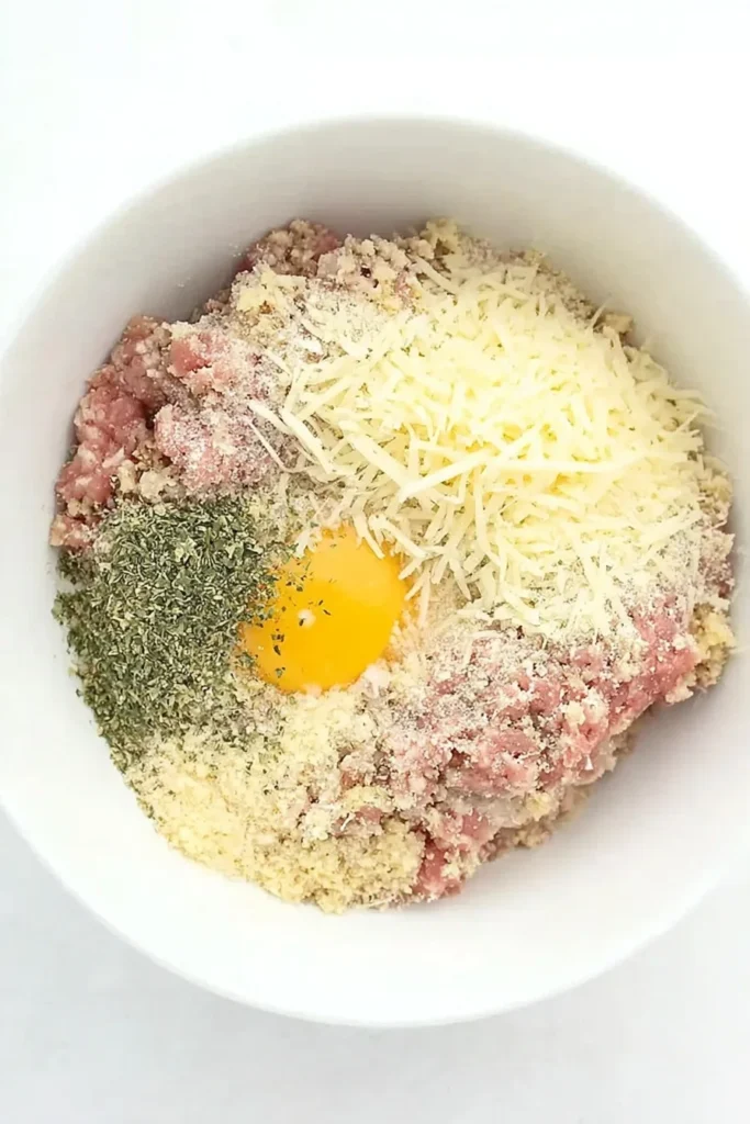 Ground beef, egg, breadcrumbs, parmesan, and herbs in a white bowl for making meatballs