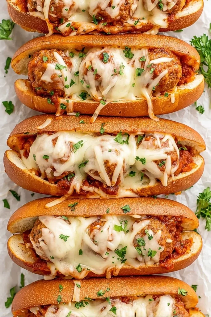 Toasted sub rolls filled with Crockpot Italian meatballs, marinara sauce, and melted mozzarella, topped with parsley