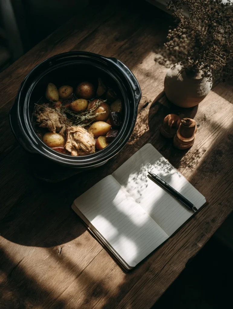 Rustic crockpot chicken and potatoes with fresh herbs on a wooden table beside an open notebook and dried flowers in soft natural light.