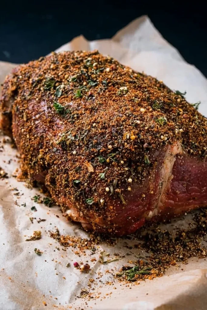 Uncooked rump roast coated in dry spice rub and herbs, resting on parchment paper