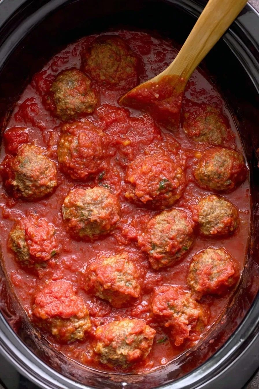Juicy homemade Italian meatballs simmering in marinara sauce in a black slow cooker